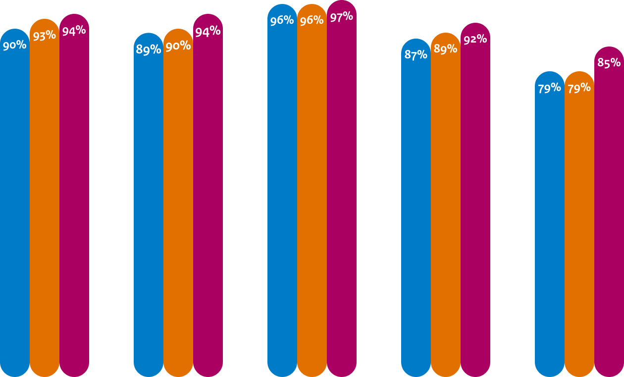 Cijfers in grafiek voor medio 2018, begin 2019, medio 2019.
DNSSEC: 90%, 93%, 94%
HTTPS: 89%, 90%, 94%
TLS: 96%, 96%, 97%
TLS NCSC: 87%, 89%, 92%
HSTS: 79%, 79%, 85%